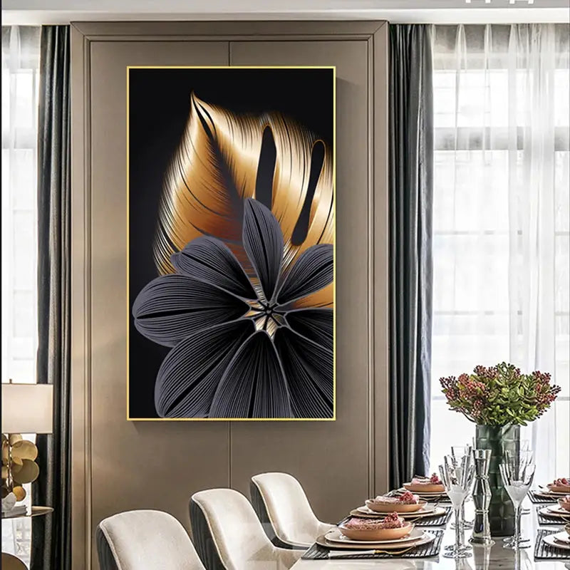 Luxurious Golden Leaf Triptych Canvas Wall Art Decor