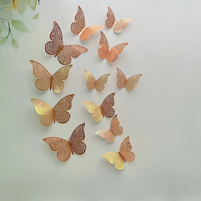 12pcs 3D Golden Hollow Butterfly Wall Art Stickers
