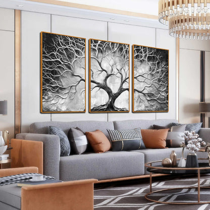 Tree of Life Canvas Wall Art - Black and White Wall Art Frames Size 24" x 36" x 3 Pieces
