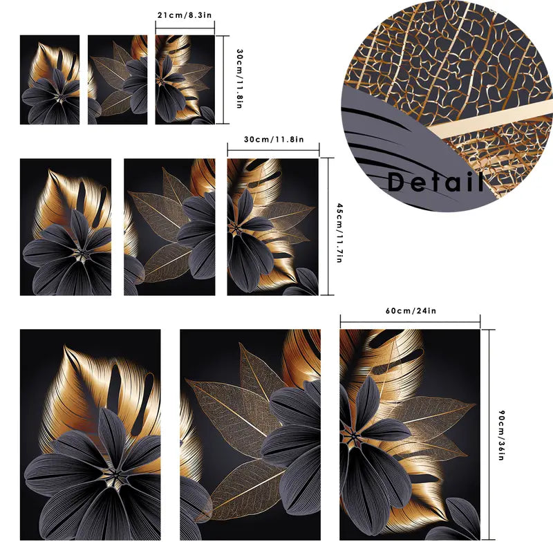 Luxurious Golden Leaf Triptych Canvas Wall Art Decor