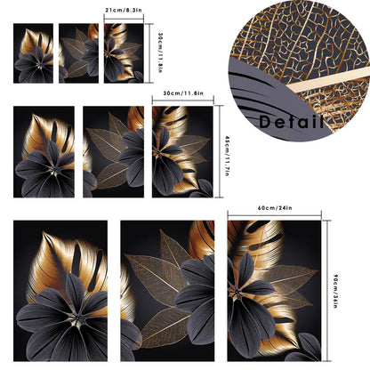 Luxurious Golden Leaf Triptych Canvas Wall Art Decor
