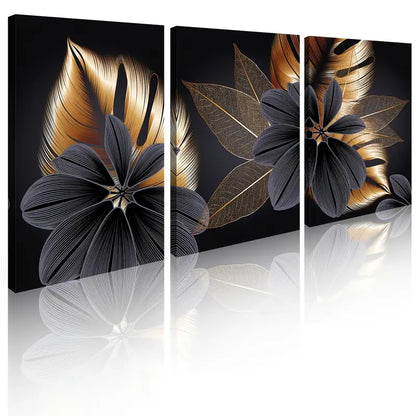 Luxurious Golden Leaf Triptych Canvas Wall Art Decor
