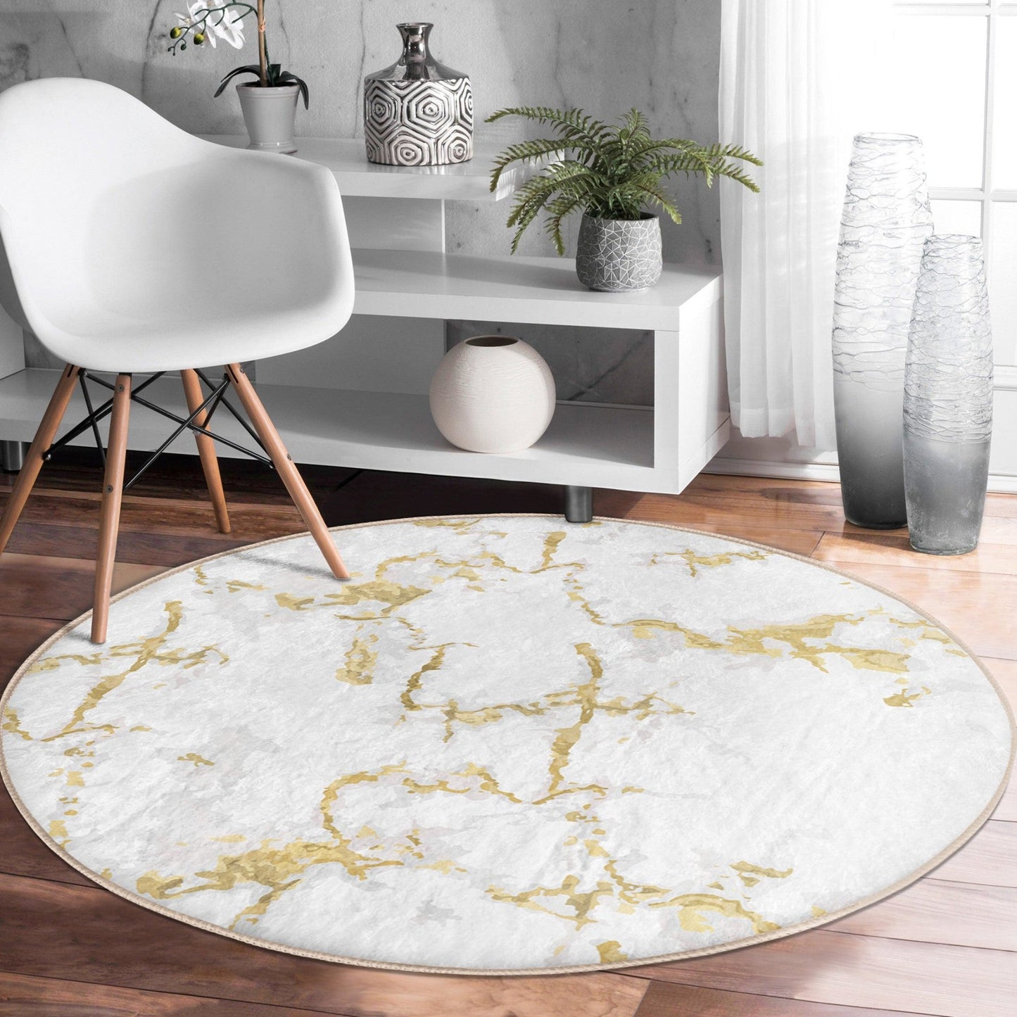 White Modern Home Decorative Washable Round Rug | Homeezone