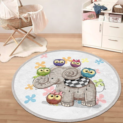 Elephant-Owl Printed Kids Room Round Rug, Nursery Room decorative Area