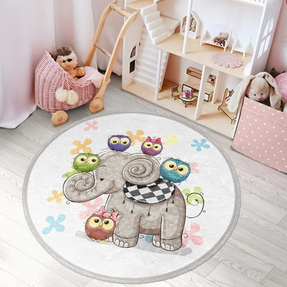 Elephant-Owl Printed Kids Room Round Rug, Nursery Room decorative Area
