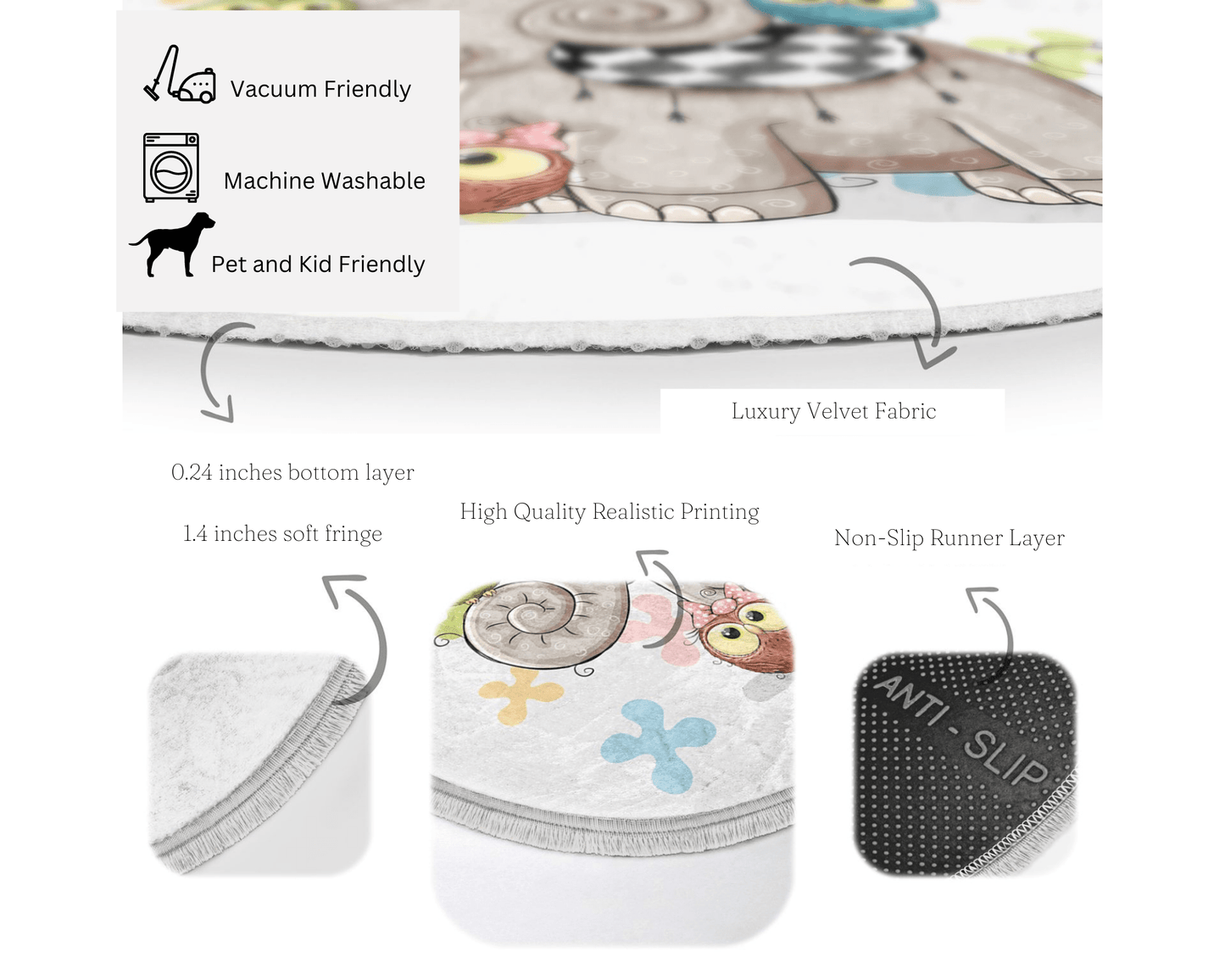 Elephant-Owl Printed Kids Room Round Rug, Nursery Room decorative Area