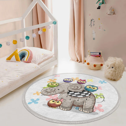 Elephant-Owl Printed Kids Room Round Rug, Nursery Room decorative Area
