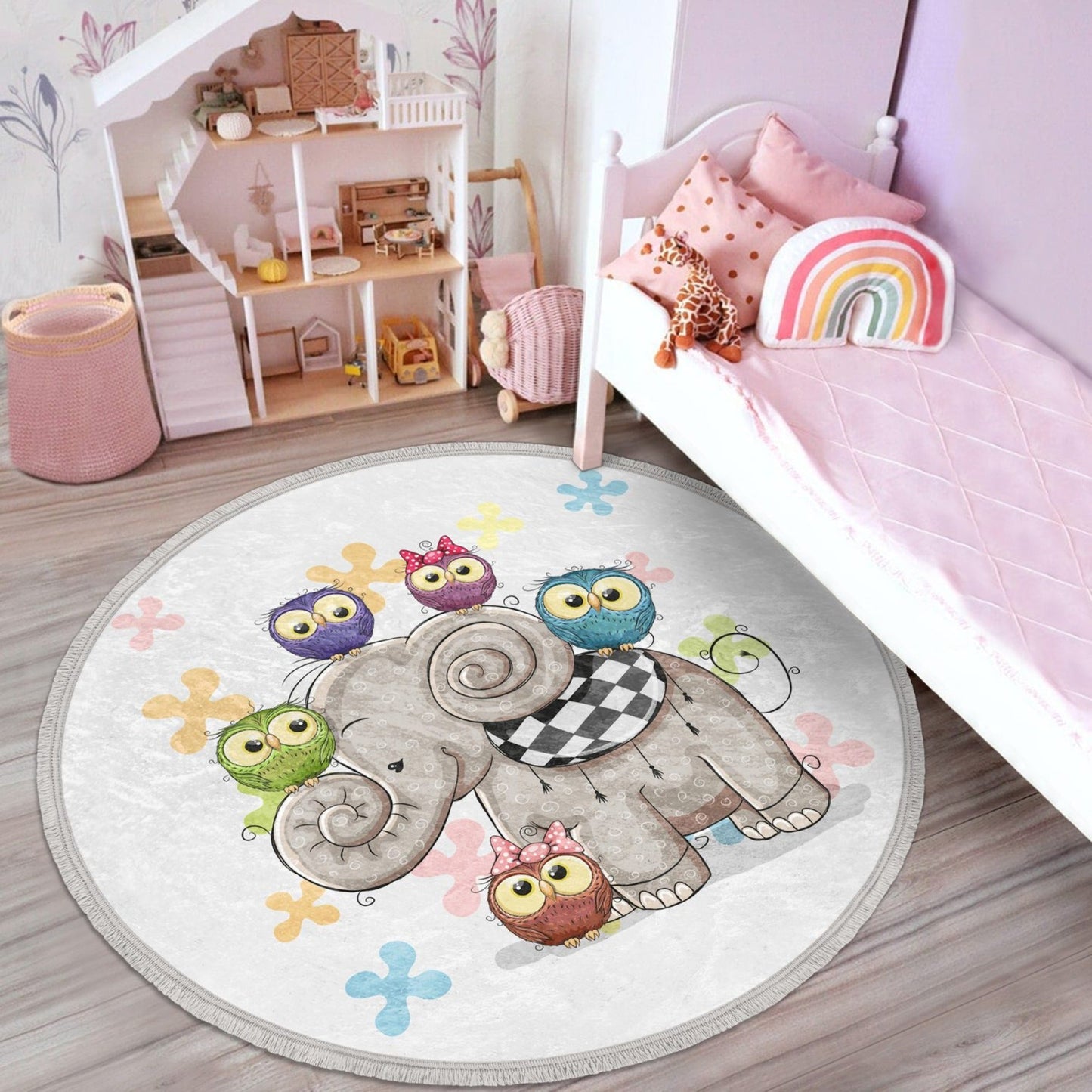Elephant-Owl Printed Kids Room Round Rug, Nursery Room decorative Area