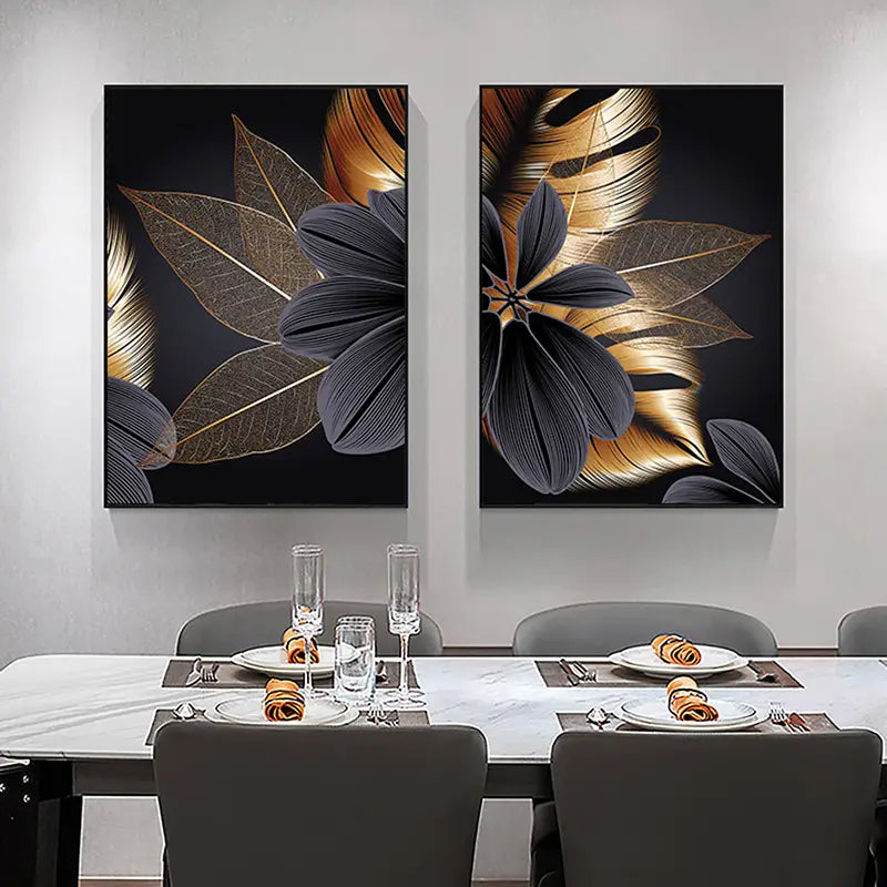 Luxurious Golden Leaf Triptych Canvas Wall Art Decor