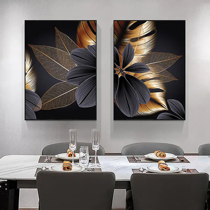 Luxurious Golden Leaf Triptych Canvas Wall Art Decor