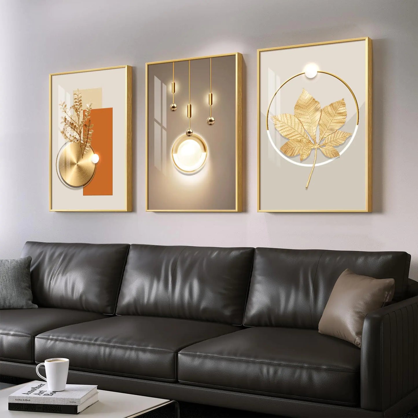 Framed Modern Luxury Gold Large Wall Art for Living Room Set of 3 Piece Contemporary Paintings Artwork for Walls Golden Prints with Gold Frame Big Pictures for Hallway Office Wall Decor 24x36 Inch