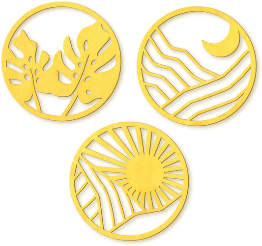 Zzbakress 3 PCS Boho Wall Art Decoration Vintage Boho Wooden Aesthetic Hollow-out Hanging Boho Farmhouse Wooden Decor for Bedroom Living Room Office (style 1 Gold)