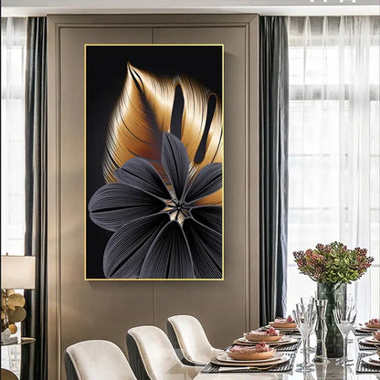 Luxurious Golden Leaf Triptych Canvas Wall Art Decor