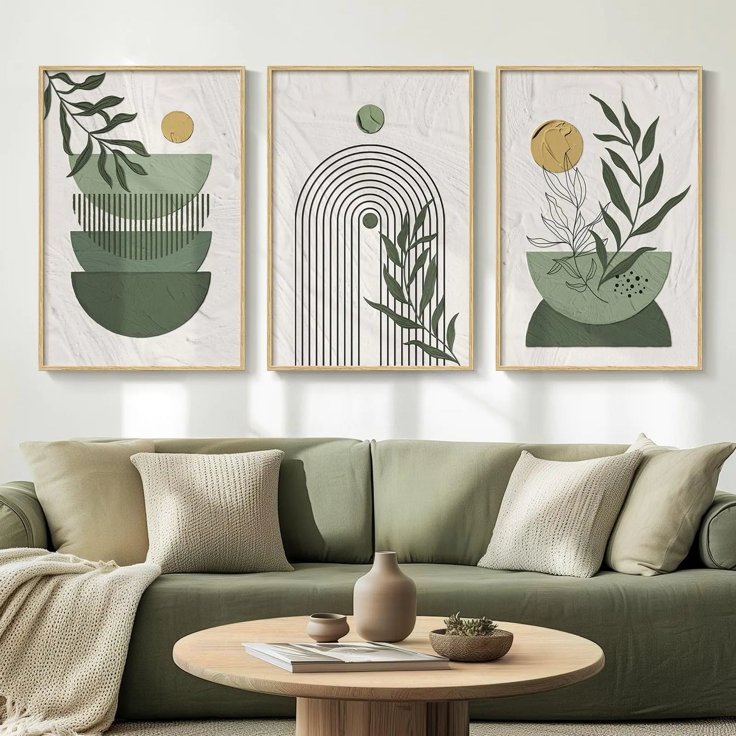 Large Boho Framed Sage Green Canvas Wall Art 3 Pieces White Green Prints Paintings Artwork for Walls Bohemian Wall Hanging Pictures for Living Room Hallway Office Wall Decor -Total 30x60 Inch