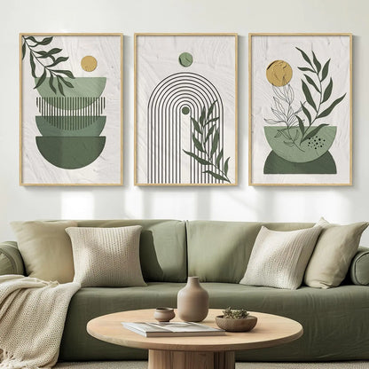 Large Boho Framed Sage Green Canvas Wall Art 3 Pieces White Green Prints Paintings Artwork for Walls Bohemian Wall Hanging Pictures for Living Room Hallway Office Wall Decor -Total 30x60 Inch