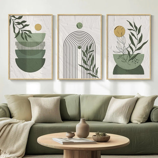 Large Boho Framed Sage Green Canvas Wall Art 3 Pieces White Green Prints Paintings Artwork for Walls Bohemian Wall Hanging Pictures for Living Room Hallway Office Wall Decor -Total 30x60 Inch