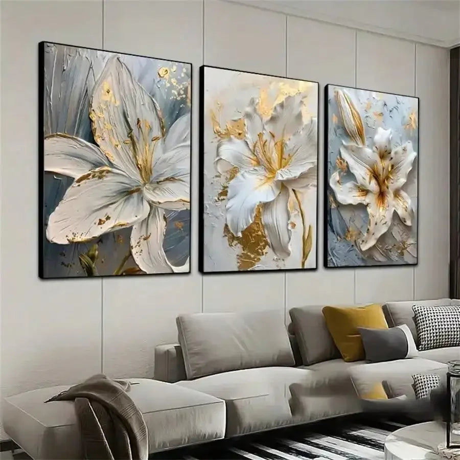 3D Gold and White Flower Canvas Art – Elegant Wall Decor