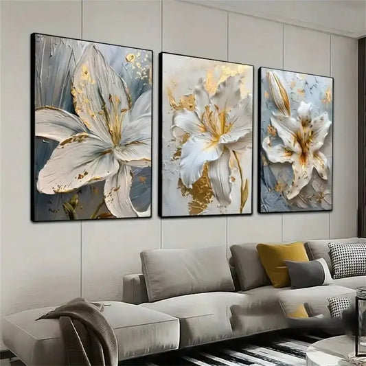 3D Gold and White Flower Canvas Art – Elegant Wall Decor