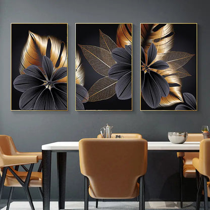 Luxurious Golden Leaf Triptych Canvas Wall Art Decor