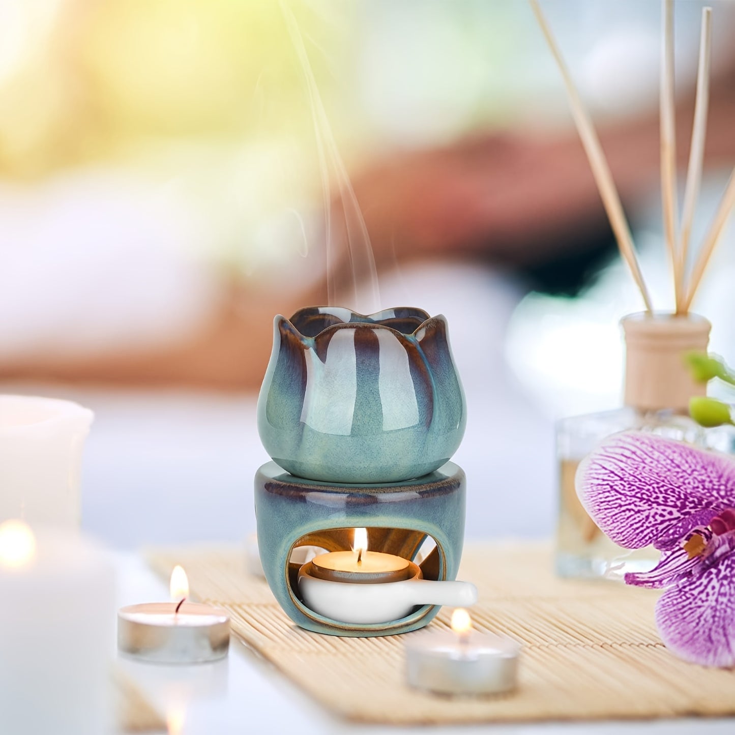 1Set Tulip-Shaped Ceramic Aromatherapy Diffuser and Candle Holder Set