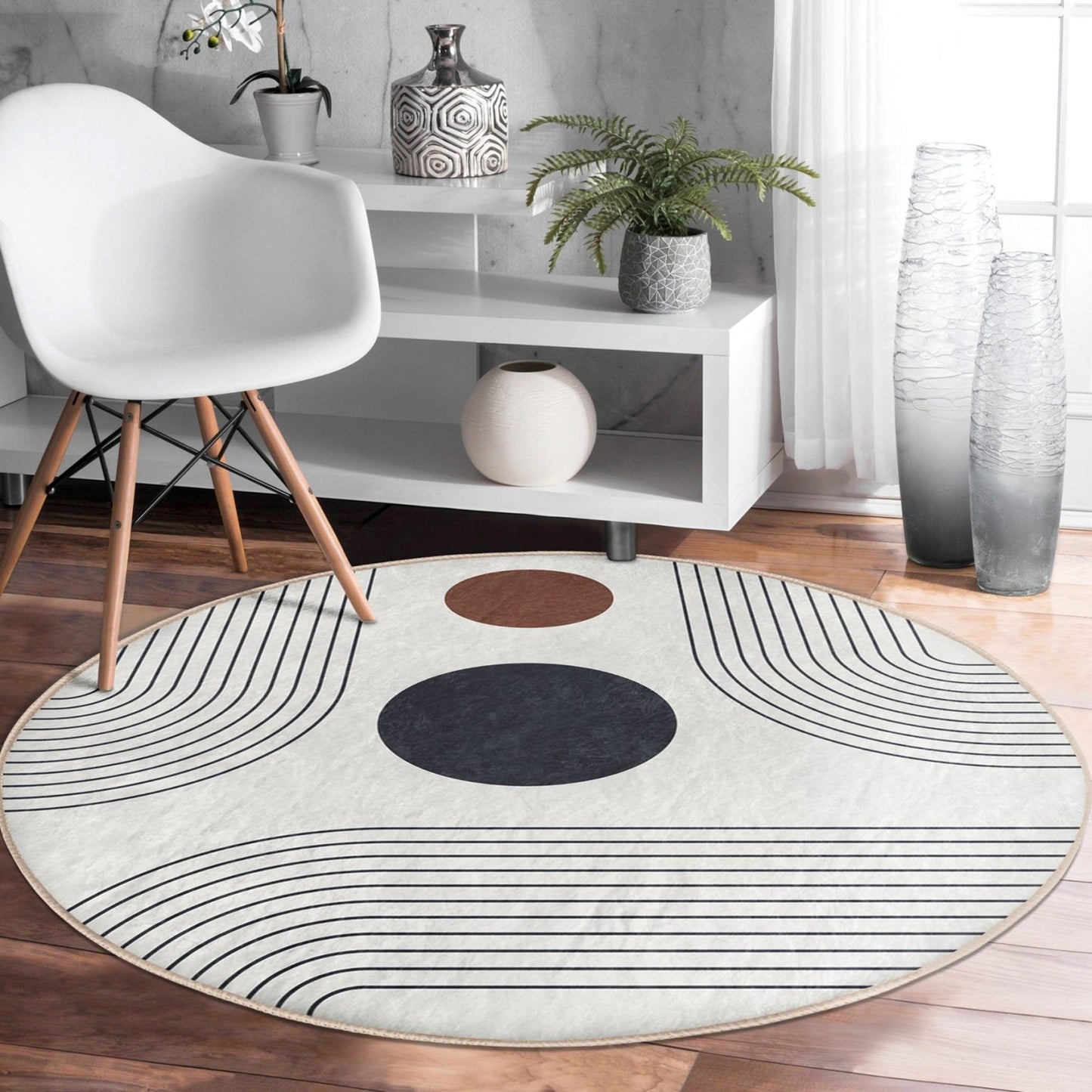 Abstract Round Rug, Minimalist Home Area Rug, Living Room Circle