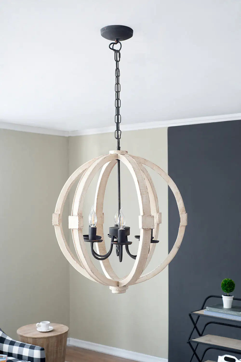 6 - Light Wood Chandelier With Adjustable Chain For Kitchen, Dining Hall Entrance, Bulb Not Included