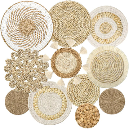 LOMOHOO Set of 11 Boho Wall Basket Decor Wicker Woven Wall Basket Decorations Bohemian Handcrafted Round Basket Hanging decor Bulrush Wall Art Decors for Living Room Rustic Home