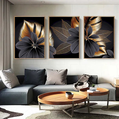 Luxurious Golden Leaf Triptych Canvas Wall Art Decor